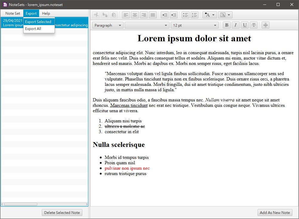 Exporting a selected note