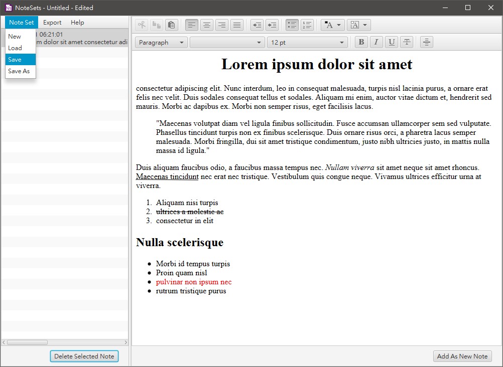 Saving the current note set